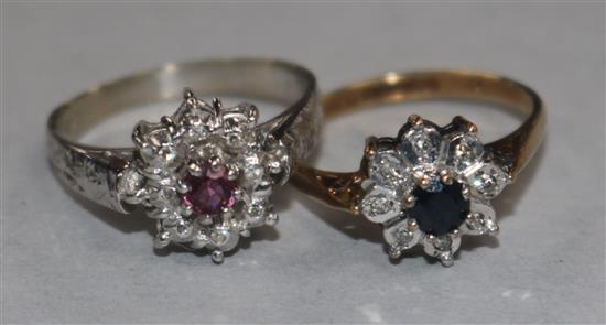 A ruby and rose diamond cluster ring on 18ct white gold shank and a sapphire and diamond flowerhead ring